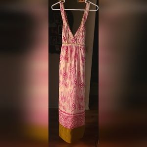 NWOT Ann Taylor Loft 100% Silk Maxi dress pink cream brown gold